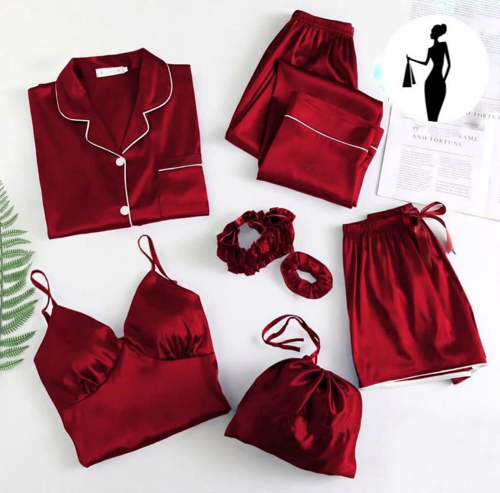 5 Pcs Women's Stitched Silk Lace-Work Night Suit